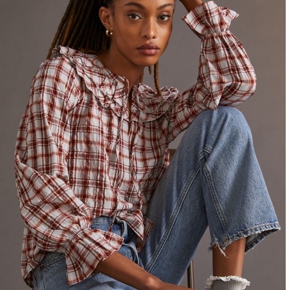 Anthropologie Tops - Anthropologie Maeve ruffled plaid button down shirt